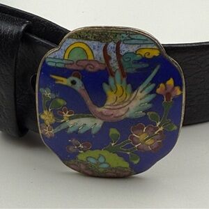 Vintage Cloisonné Belt Buckle with Black Leather Belt Size 36 GUC